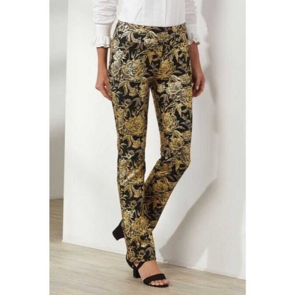 Soft Surroundings Mini Boot Cut Moonstruck Gold Metallic Floral Pull On Stretch